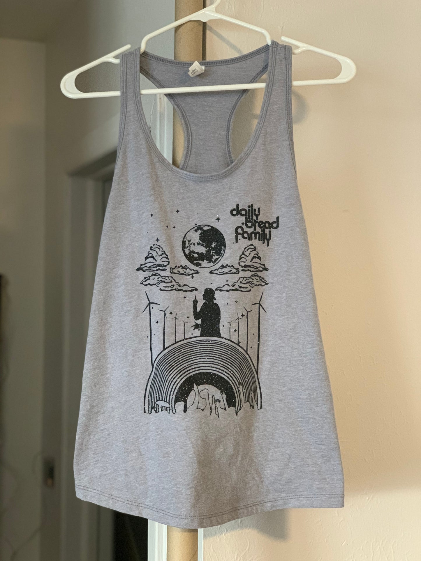 Daily Bread Family-Silhouette-Medium Woman Heather Grey Racerback Tank